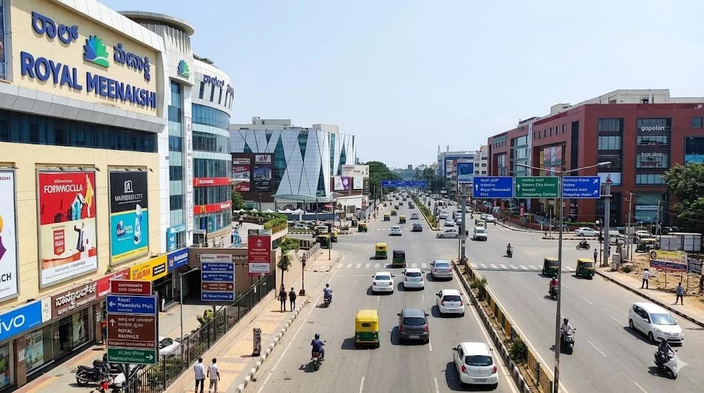 Exterior view of popular retail destinations and premium shopping malls located along Bannerghatta Road in South Bengaluru.