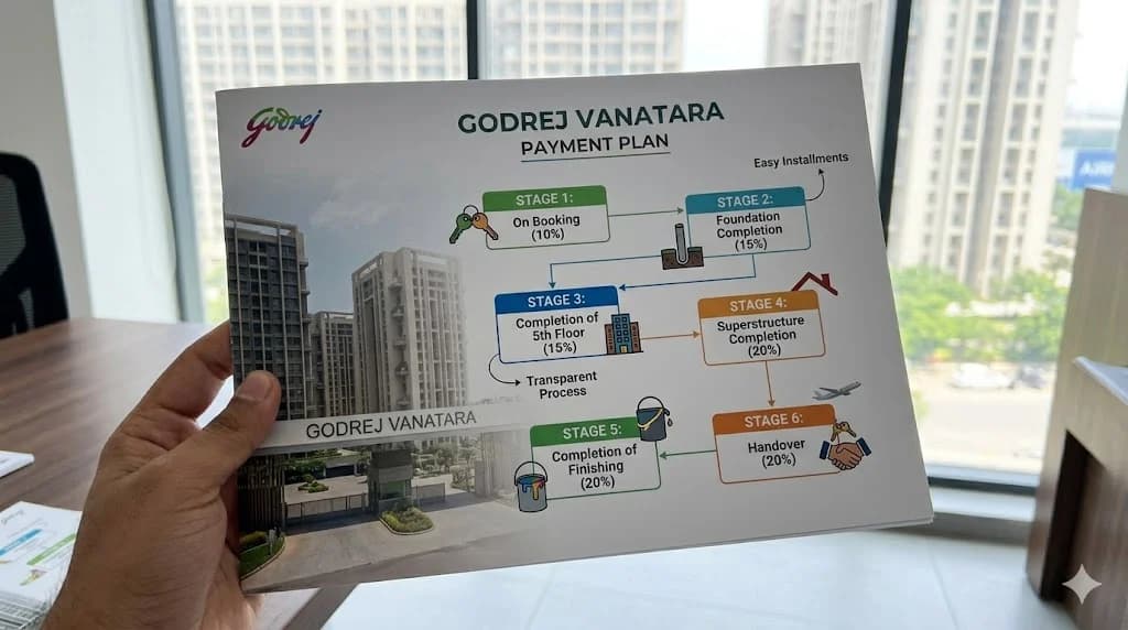 Infographic detailing the flexible, construction-linked payment plan schedule for Godrej Vanantara apartments on Bannerghatta Road
