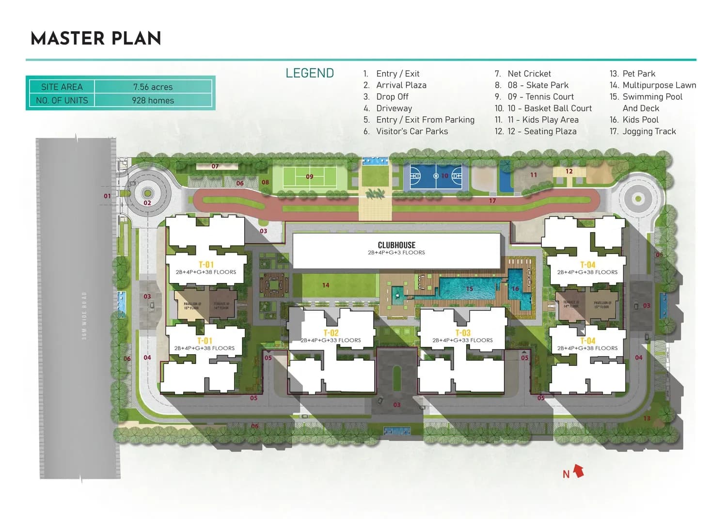 Detailed master plan of Prestige Clairemont in Kokapet, Hyderabad, showcasing the 7.56-acre layout with four high-rise residential towers and open green spaces.