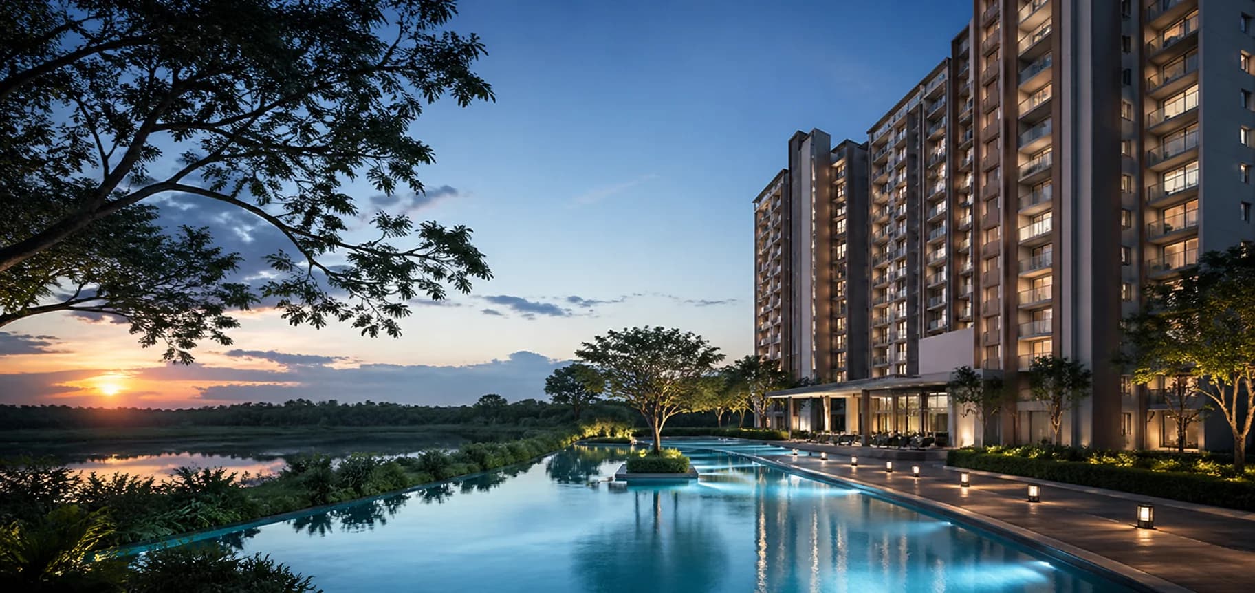 Exterior view of Godrej Aqua Vista premium residential project located along the river in Keshav Nagar, East Pune.