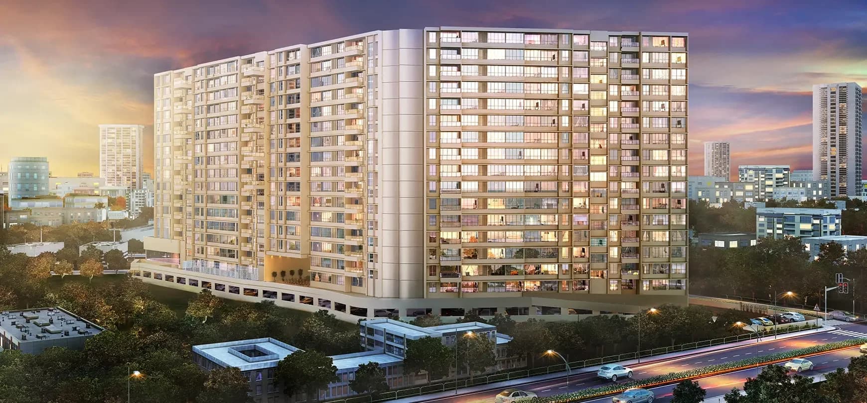 Exterior view of Godrej Central residential towers and landscaped amenities located in Shell Colony, Chembur, Mumbai.