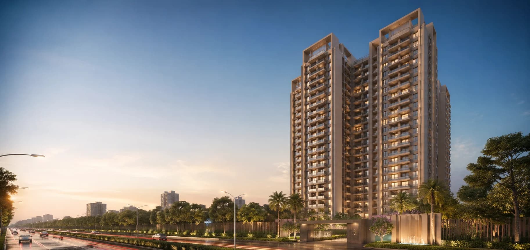 Exterior view of Godrej Majesty residential project in Sector 12, Greater Noida West showing high-rise towers and park-facing balconies.