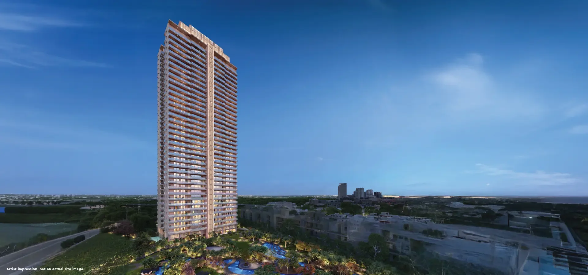 Aerial view of Godrej Riverine in Sector 44 Noida, showing its prime location near the Noida Golf Course and Botanical Garden.