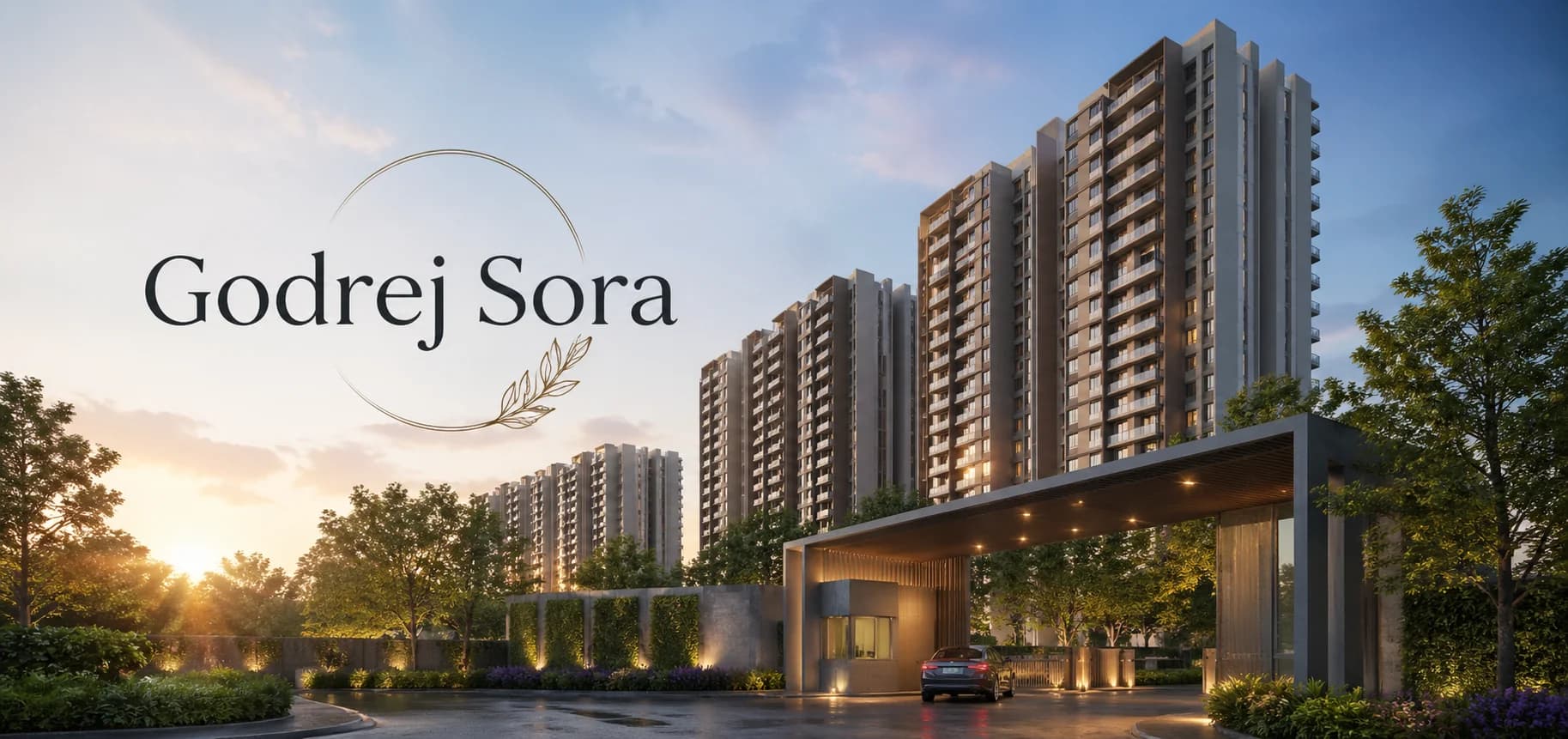 Architectural view of Godrej Sora luxury residential towers in Sector 53 Gurgaon featuring Japanese Shibui design aesthetics.