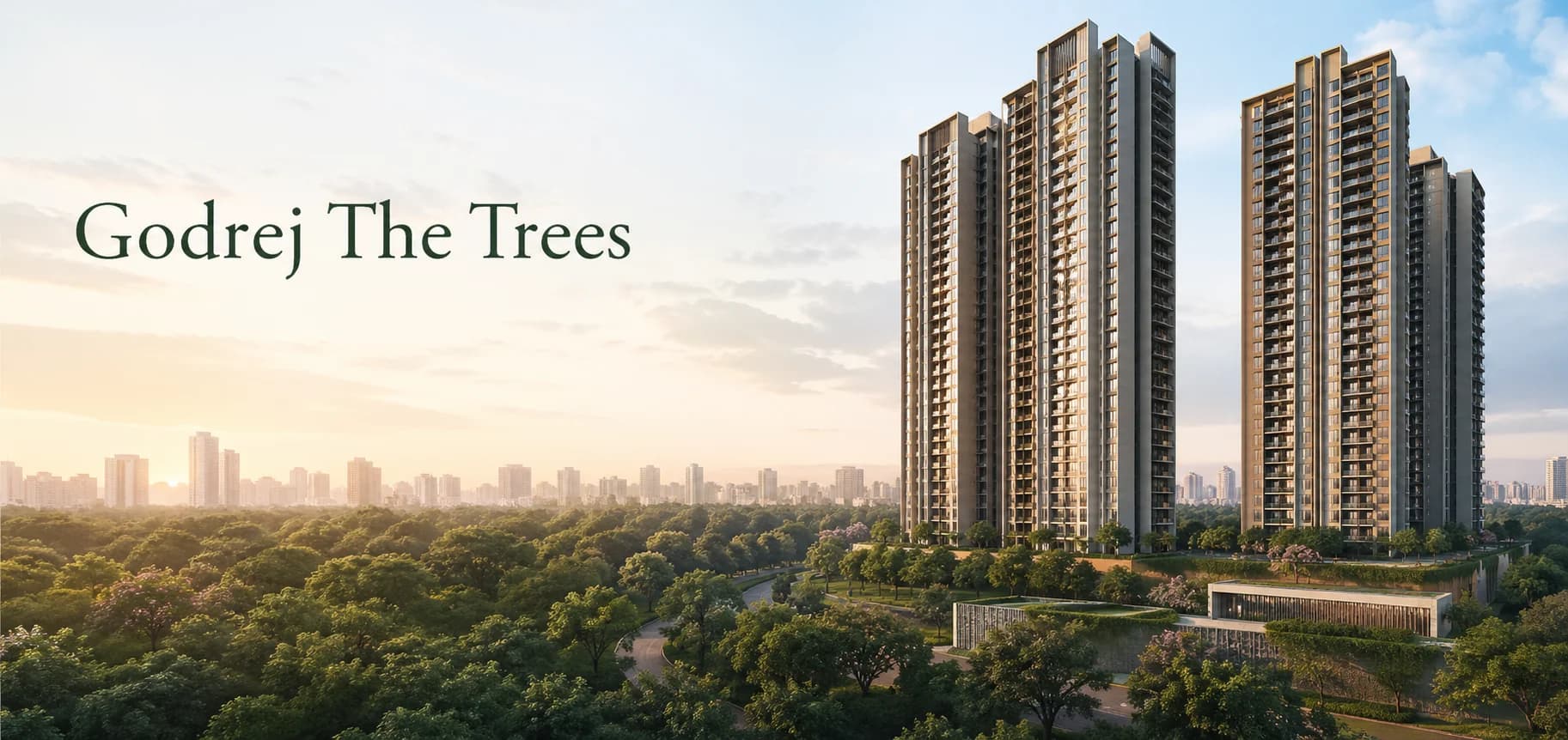 Aerial view of Godrej The Trees residential township in Vikhroli East, Mumbai, featuring high-rise towers and extensive green spaces.