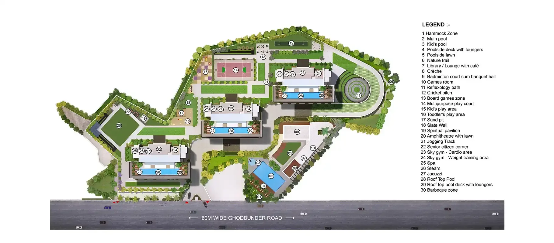 Detailed master plan and site layout of the Godrej Exquisite residential project in Kavesar, Thane, showing tower placements and green spaces.