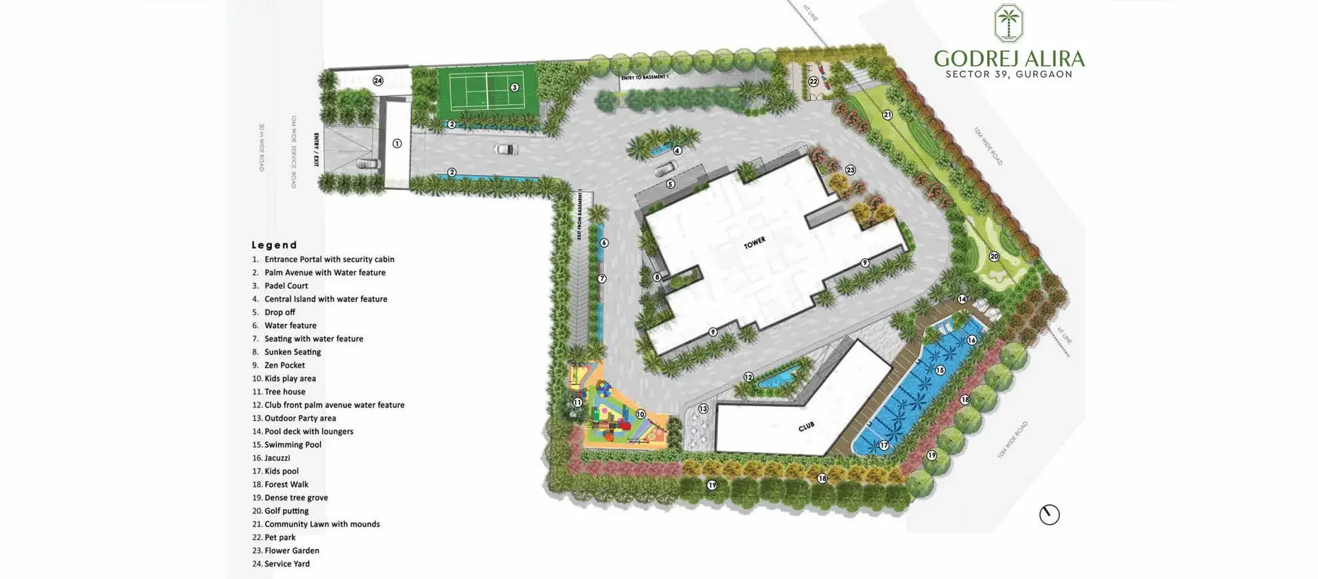 Master plan and site layout of Godrej Alira in Sector 39 Gurgaon, showing the 2-acre luxury residential project with a single high-rise tower and palm-lined boulevard.