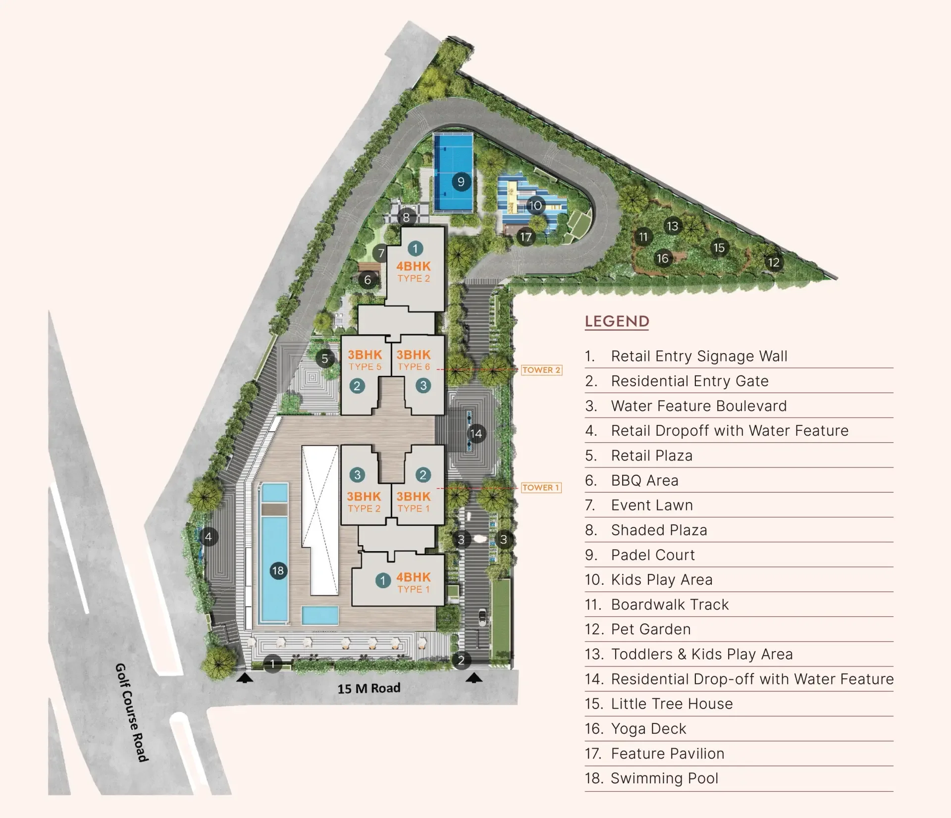 Detailed master plan and site layout of Godrej Astra, a 2.76-acre luxury residential project on Golf Course Road, Gurgaon, showing tower placements and open green spaces.