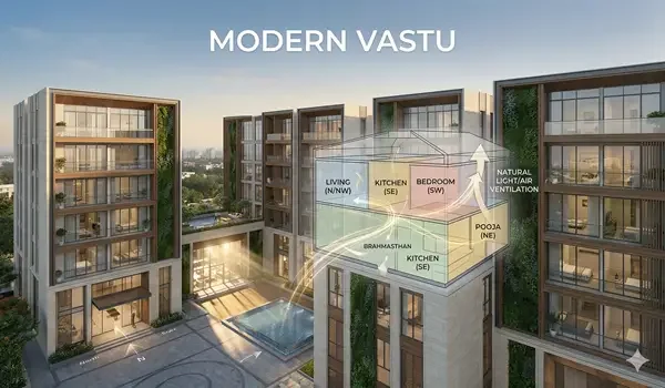 A 3D Vastu diagram overlay on a modern Godrej apartment showing directional room layouts and energy flow.