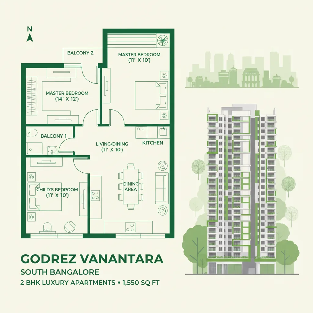 2 BHK Apartments in Godrej Vanantara - Modern luxury floor plan infographic showing 1,250 sq ft layout with labeled rooms, forest-themed residential tower with South Bangalore skyline