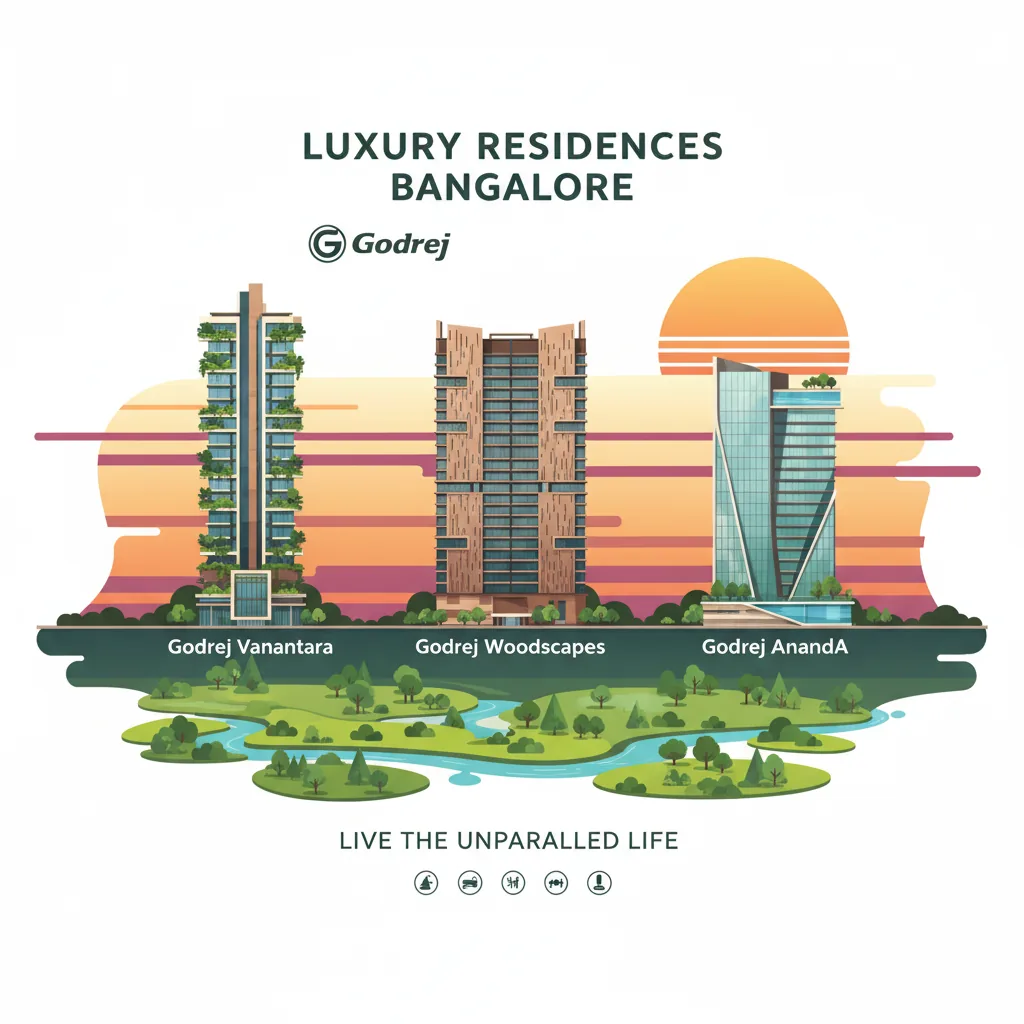Three luxury residential towers in Bangalore: Godrej Vanantara, Godrej Woodscapes, and Godrej Ananda with lush green landscapes