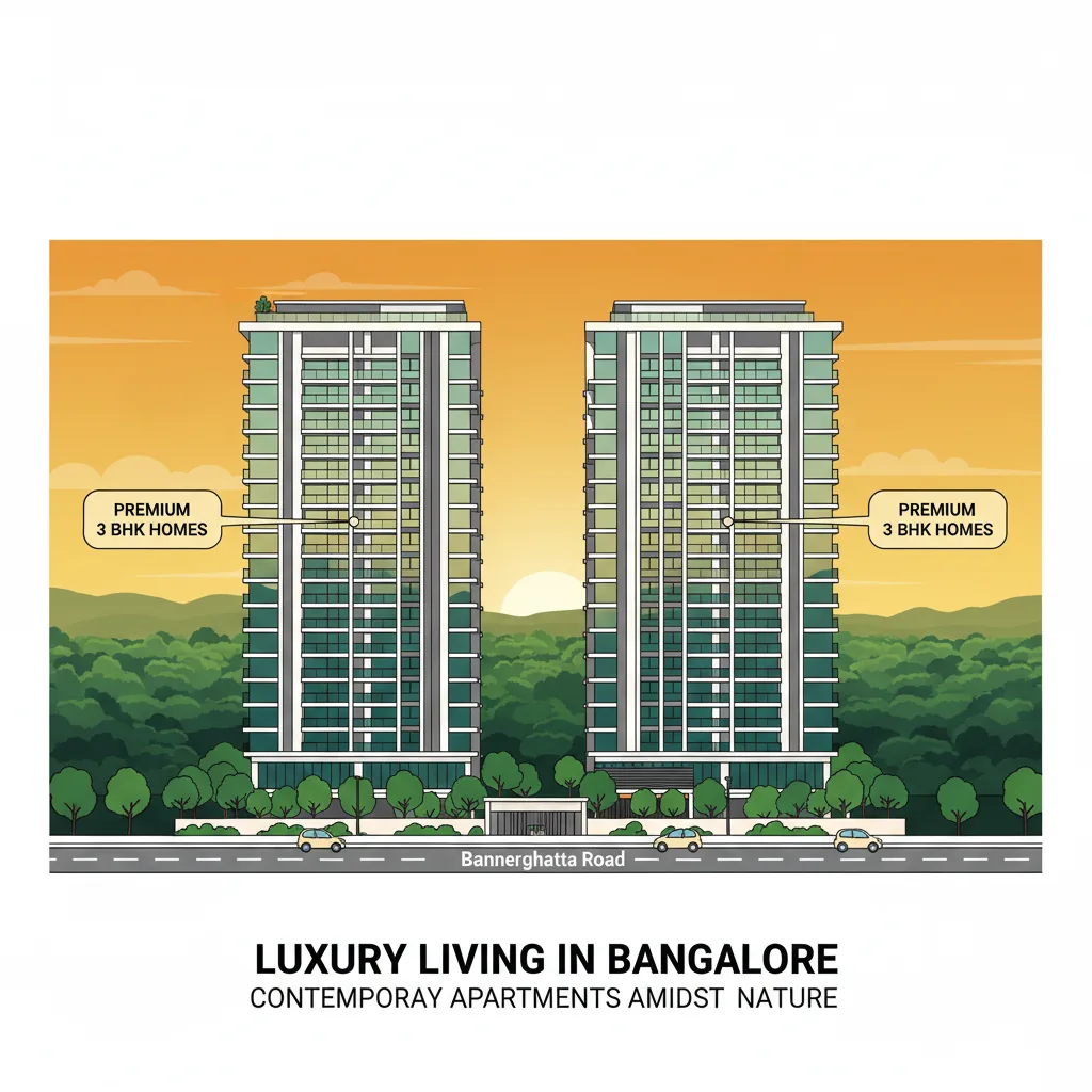 Modern luxury residential high-rise apartment towers on Bannerghatta Road Bangalore with lush greenery and forest landscape, premium 3 BHK homes