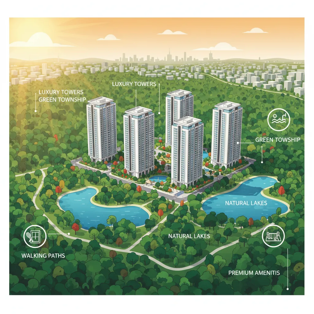 3 BHK luxury flats in Bannerghatta Road at Godrej Vanantara - aerial view of high-rise towers in a forest-themed township with lakes and green spaces