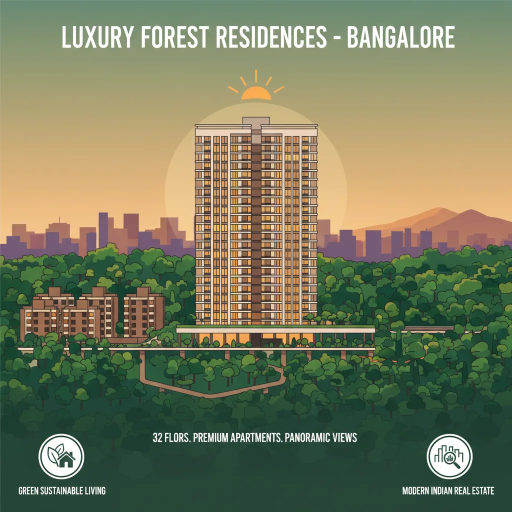 Modern luxury 32-floor residential high-rise tower in Bangalore, forest-themed township with lush greenery and panoramic skyline view