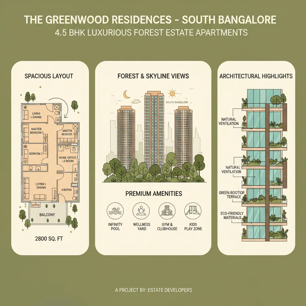 4.5 BHK Apartments in Godrej Vanantara - Modern luxury residential apartment infographic showing 4.5 BHK spacious layout with forest and green estate theme