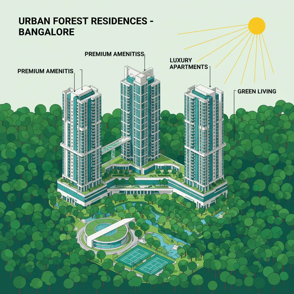 Modern luxury residential apartment complex in Bangalore with lush green forest theme showcasing Godrej Properties projects