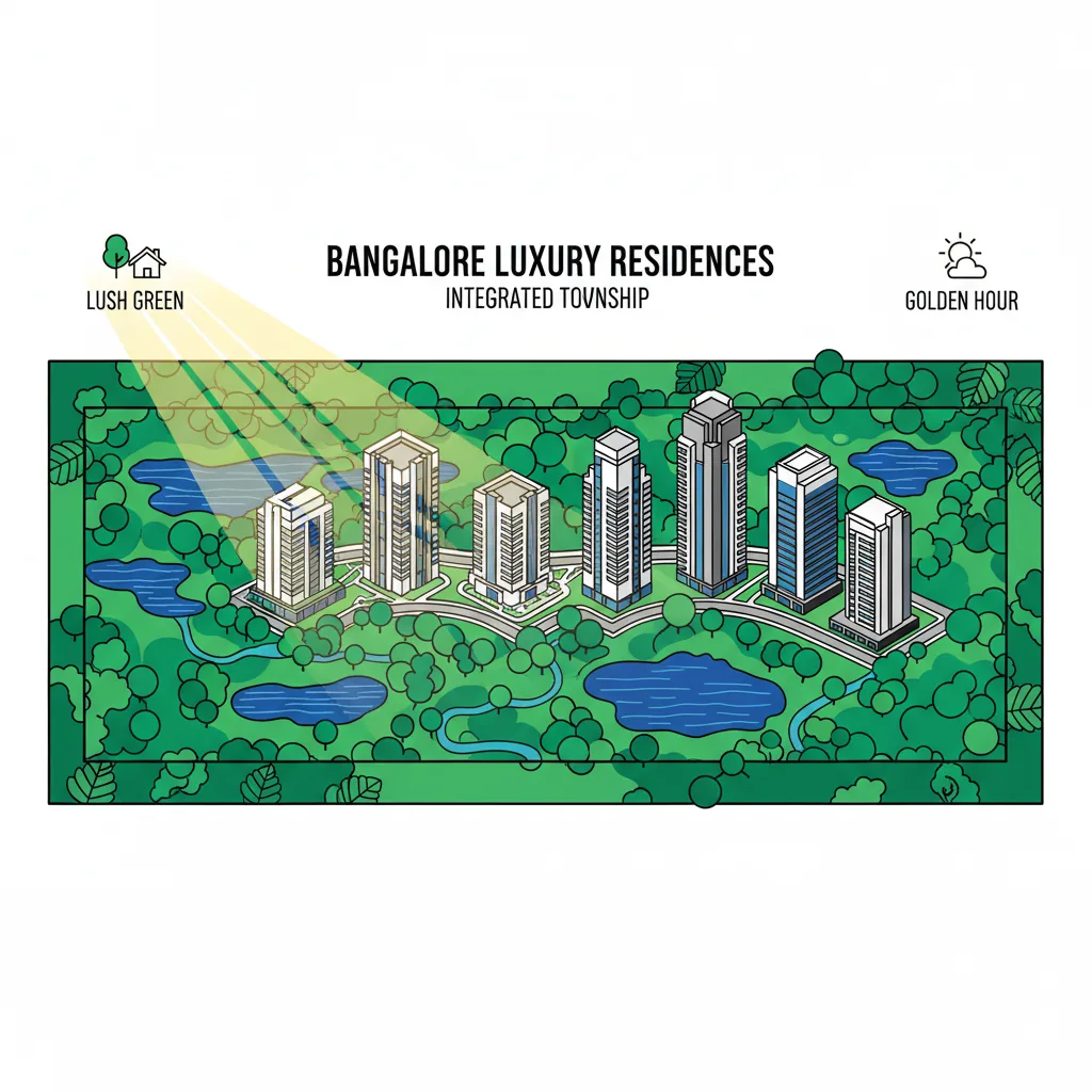Modern luxury residential apartment towers in Bangalore surrounded by lush green landscapes and forest-themed environment