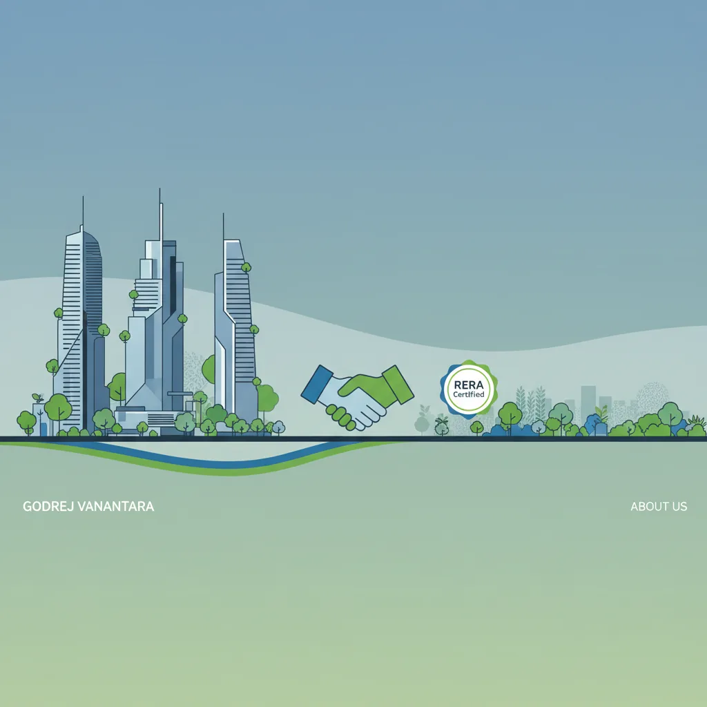 About Us hero banner - Godrej Vanantara real estate infographic with Bangalore skyline, sustainable design, and RERA certification symbols