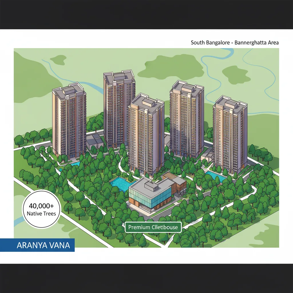 Aerial view of Godrej Vanantara luxury residential township with forest-themed community and modern towers at Bannerghatta