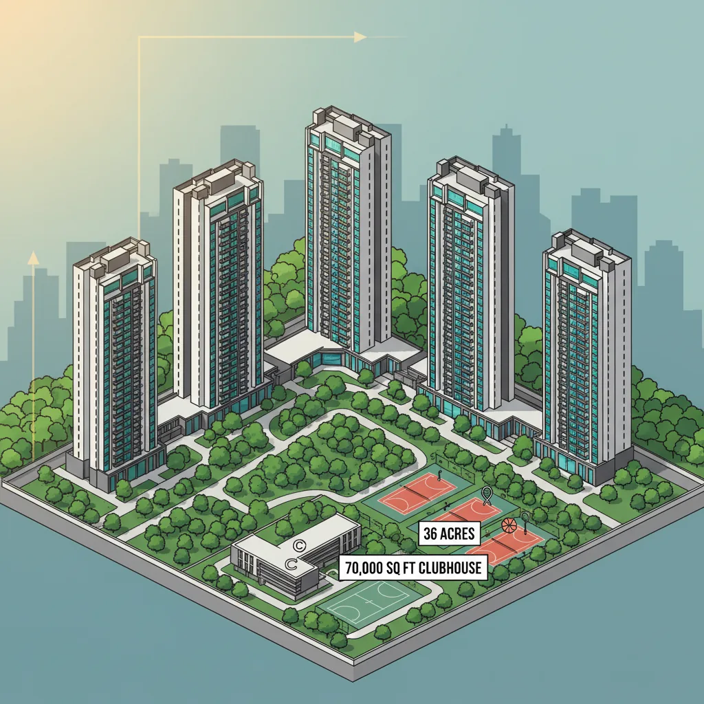 Aerial view of modern luxury high-rise residential towers in Godrej Vanantara forest-themed township with lush greenery and 70,000 sq ft clubhouse