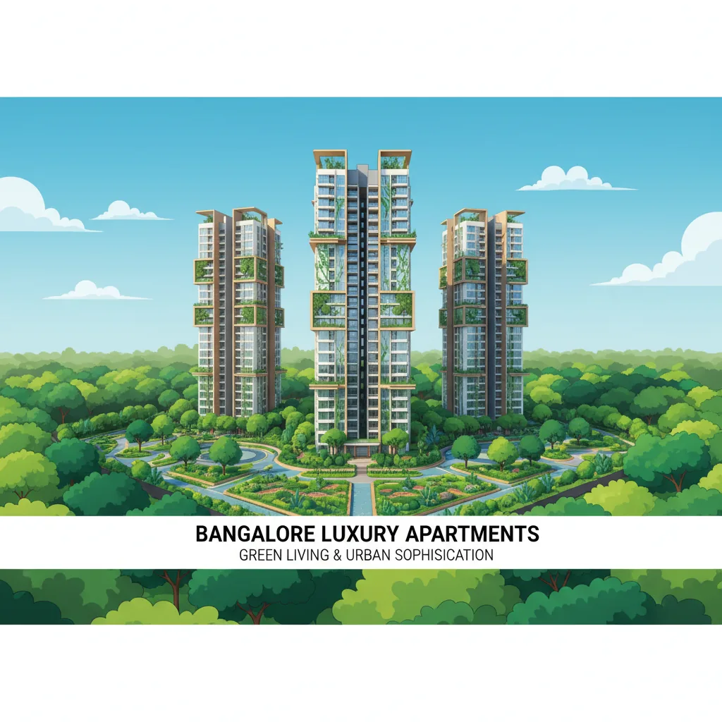 Modern luxury apartment towers in Bangalore surrounded by lush green trees and landscaped gardens