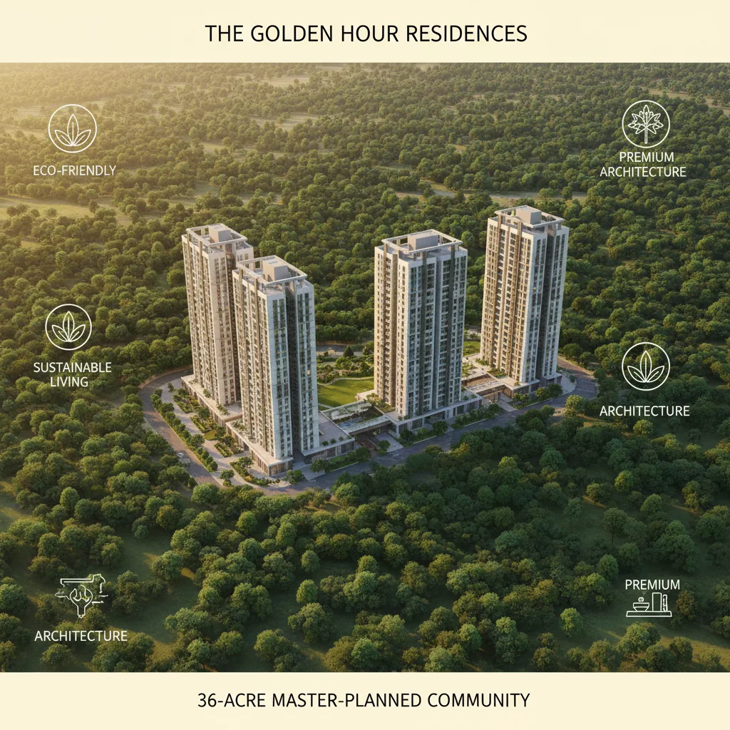 Modern luxury high-rise residential towers surrounded by lush green forest landscape, 36-acre master-planned gated community