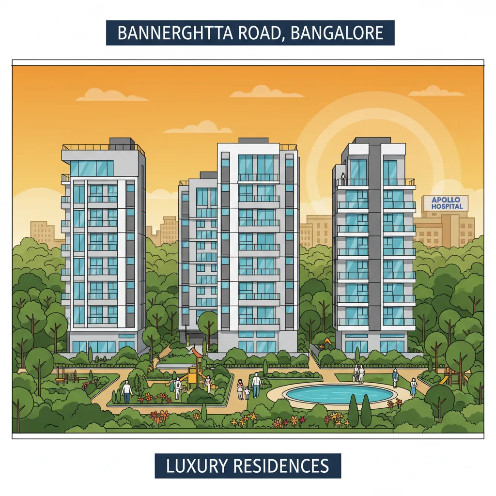 Modern luxury residential apartment complex in Bannerghatta Road Bangalore with urban forest landscape