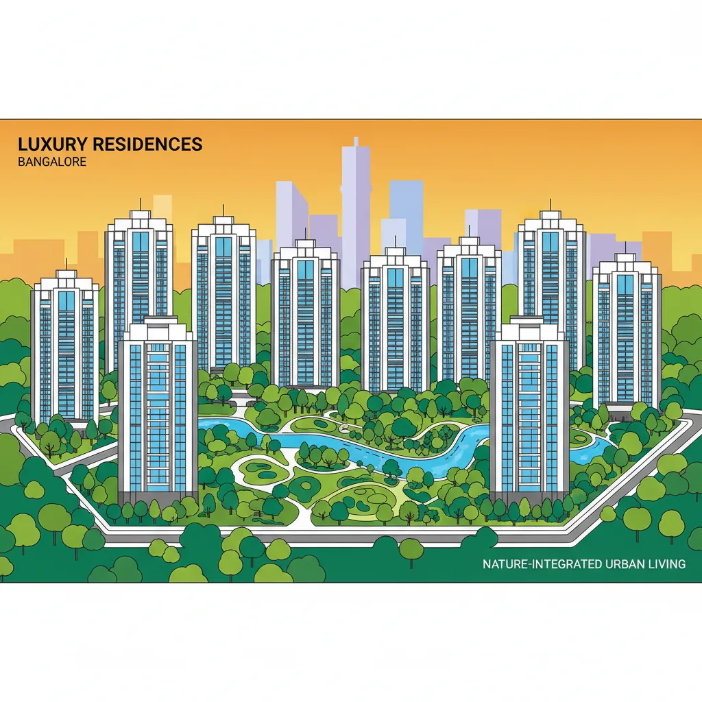 Modern luxury residential apartment towers surrounded by lush green forest landscape, aerial view of a premium gated community