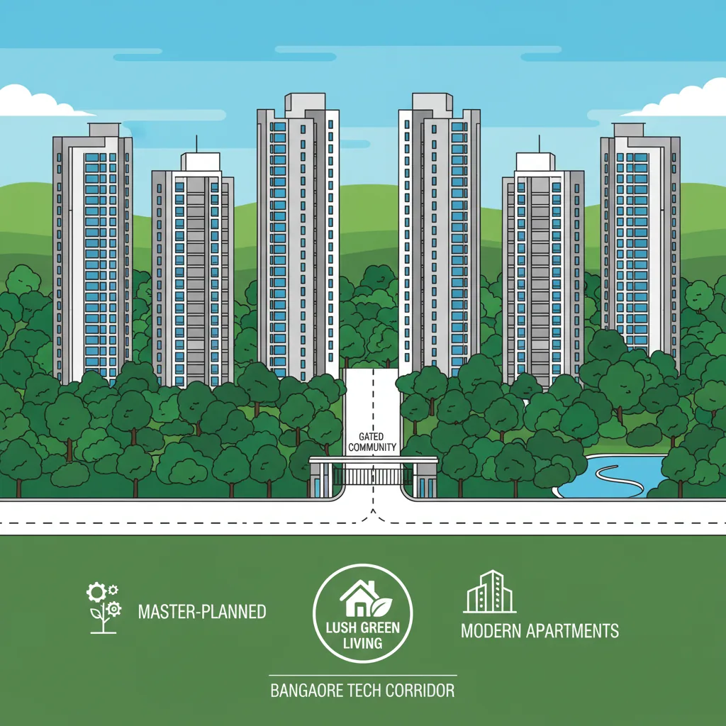Modern residential apartment towers in a lush green forest setting near Infosys Zone, Bangalore tech corridor