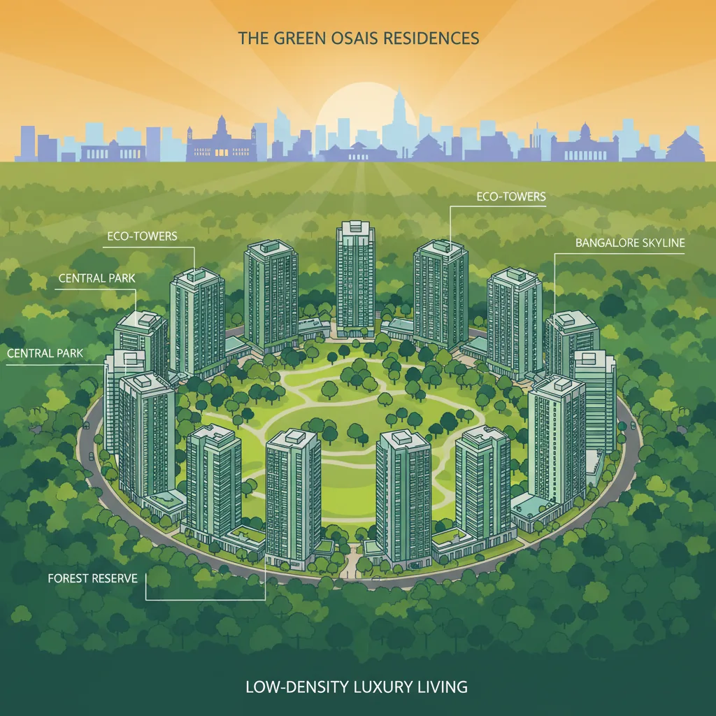 Aerial view of Bangalore low-density housing project with luxury residential towers surrounded by lush green forest landscape