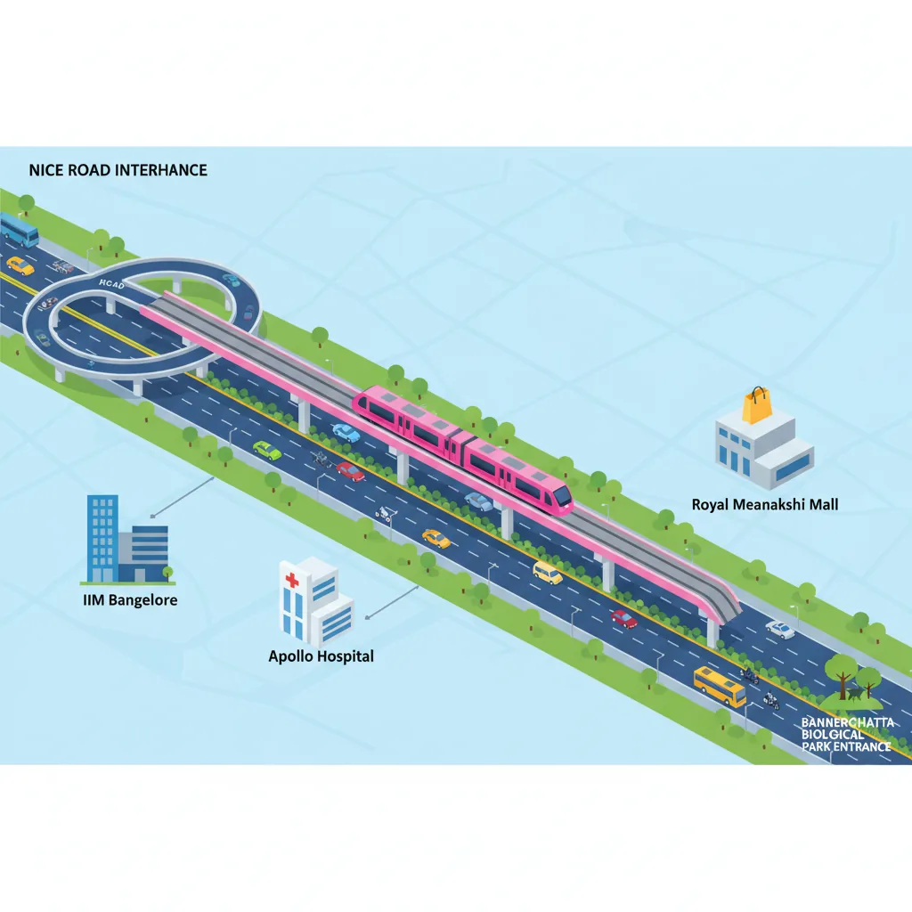 Modern infographic style illustration of Bannerghatta Road Bangalore transit corridor 2026 featuring Pink Line Metro, NICE Road interchange, and key landmarks