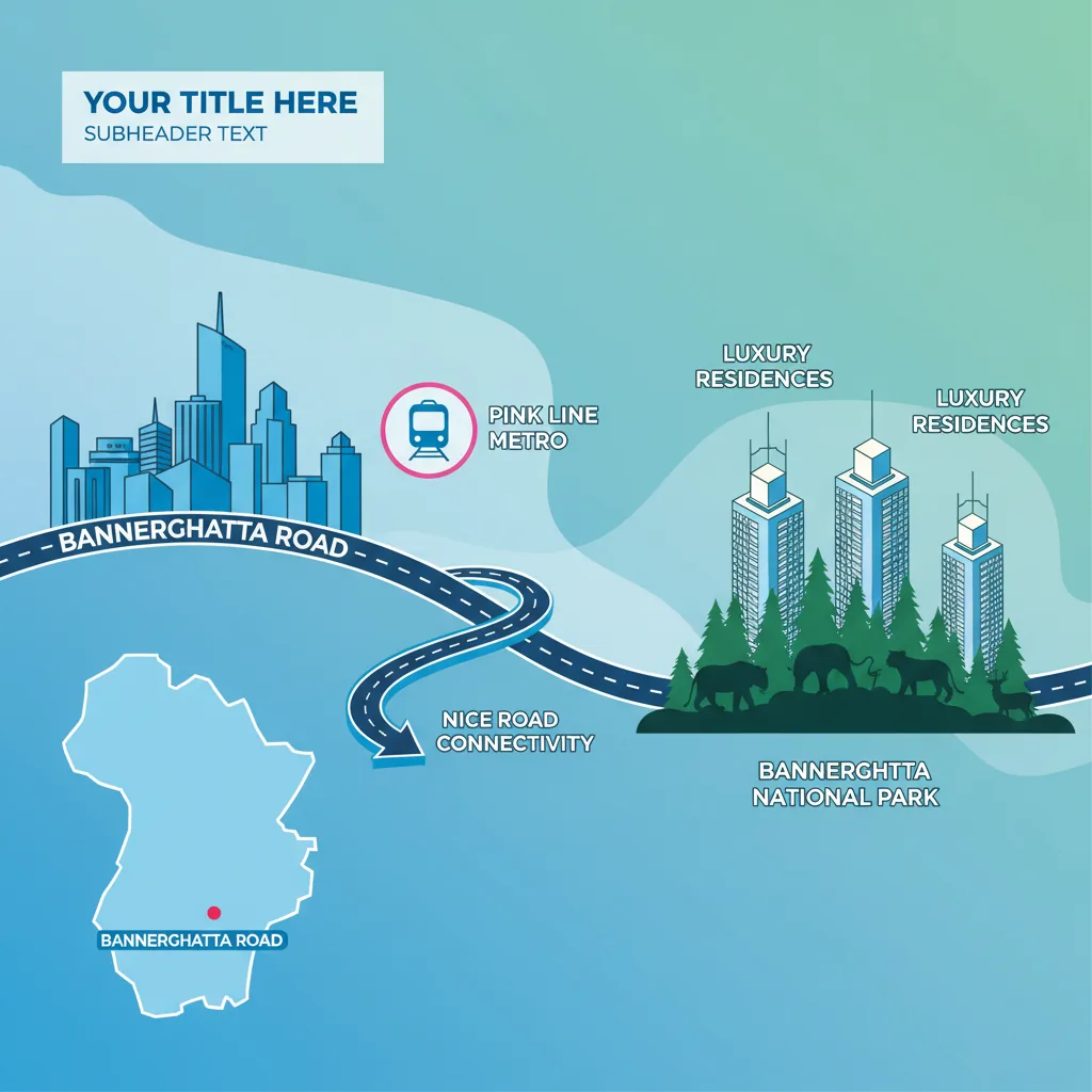 Modern infographic showing Bannerghatta Road in Bangalore Urban district with city skyline, national park, metro connectivity, and residential towers