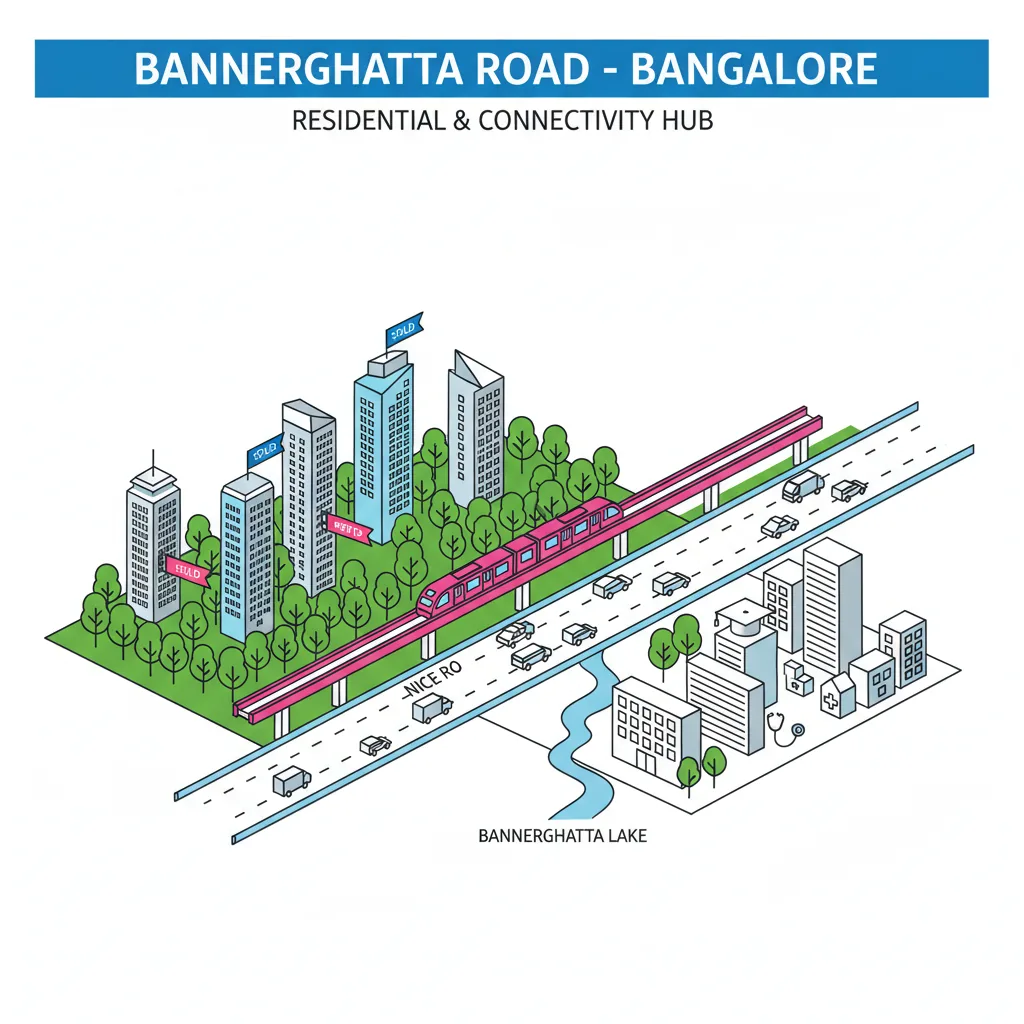 Bannerghatta Road Living 2026 - Infographic showing Pink Line Metro, NICE Road connectivity, and green residential area