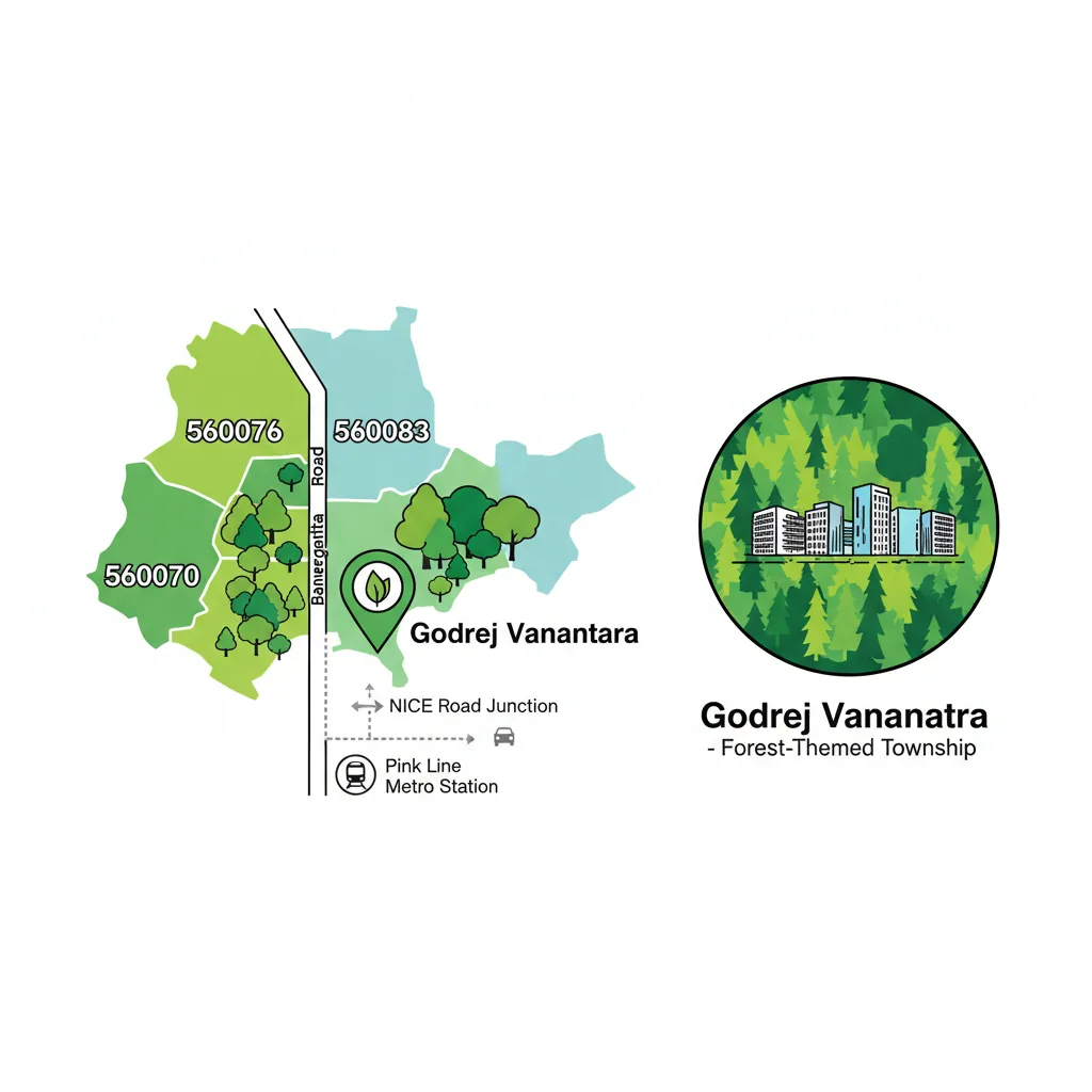 Bannerghatta Road Pin Code map showing Gottigere 560083, Godrej Vanantara forest township, NICE Road connectivity