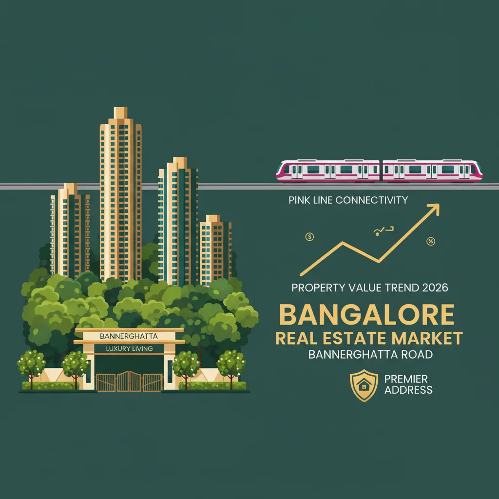 Bannerghatta Road Property Market 2026 - Luxury real estate infographic showing high-rise residential towers, forest landscape, and Pink Line Metro connectivity