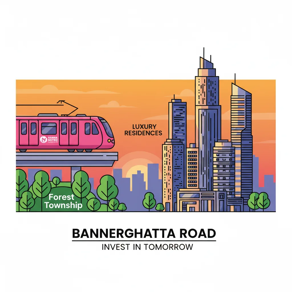 Bannerghatta Road real estate skyline infographic with Pink Line Metro and residential towers