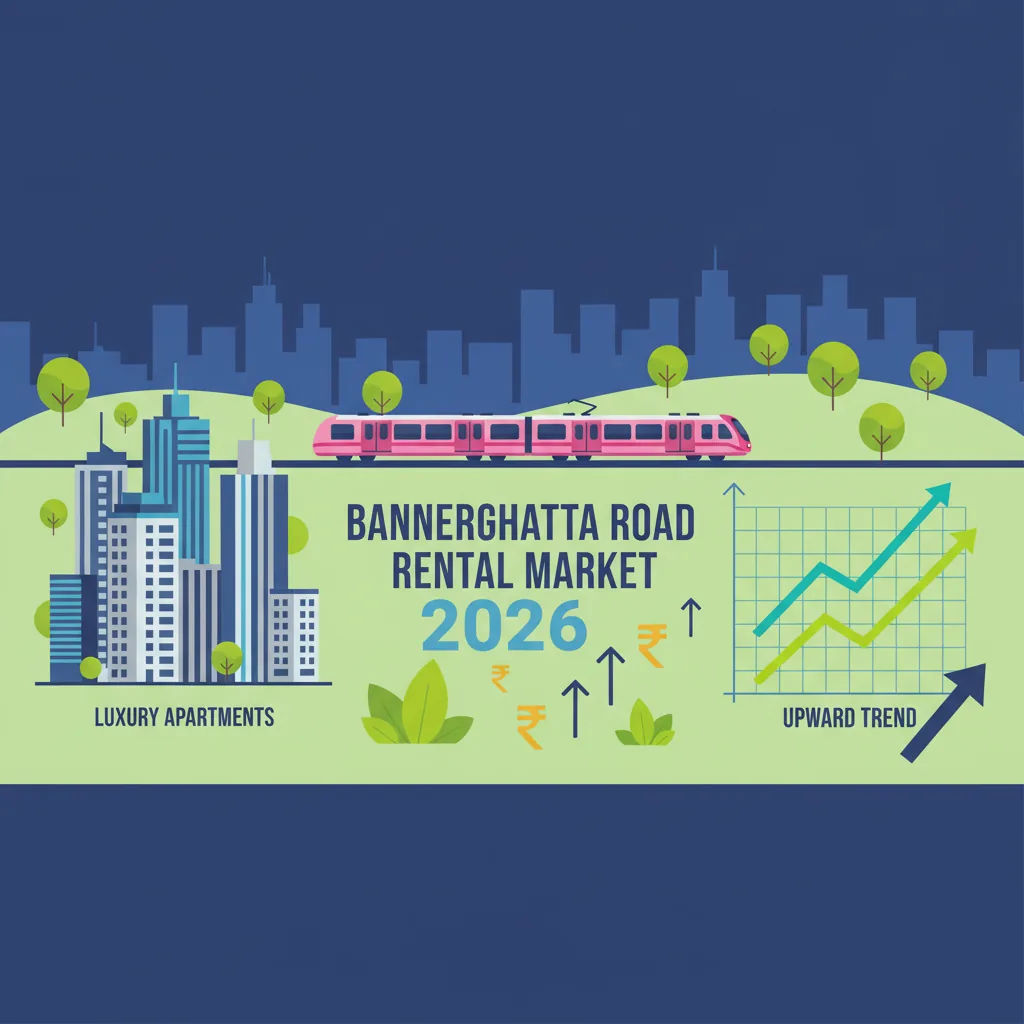 Modern infographic style banner showing Bannerghatta Road Bangalore rental market 2026 with high-rise residential towers, Pink Line Metro, luxury apartments, and greenery