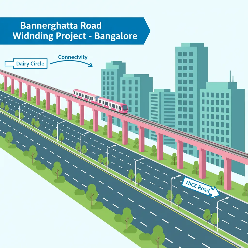 Bannerghatta Road widening project infographic showing 160 feet road expansion with Pink Line Metro, connecting Dairy Circle to NICE Road in Bangalore