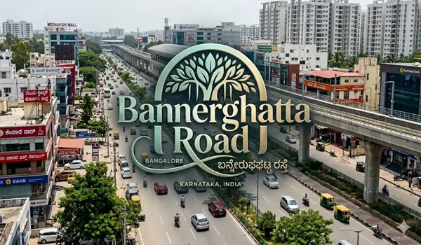 A wide-angle view of a well-developed, tree-lined road representing Bannerghatta Road in South Bangalore, showcasing smooth city infrastructure, modern urban surroundings, and green roadside landscapes.