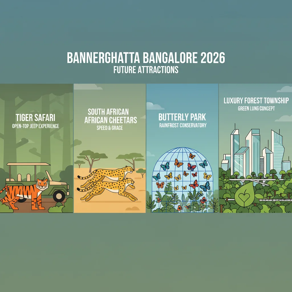Bannerghatta Bangalore 2026 attractions infographic showing tiger safari, South African cheetahs, butterfly park conservatory, and luxury forest township