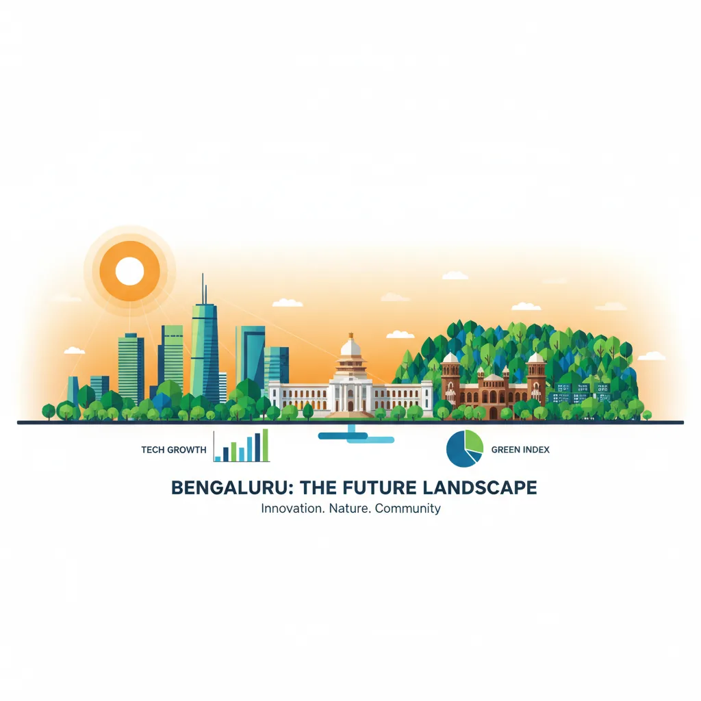 Bengaluru city skyline blending tech and nature with iconic landmarks like Vidhana Soudha, Bangalore Palace, and modern IT towers
