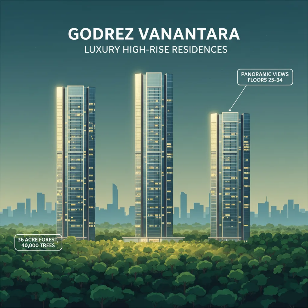 Modern luxury high-rise residential towers at Godrej Vanantara with panoramic views of forest landscape and South Bangalore skyline