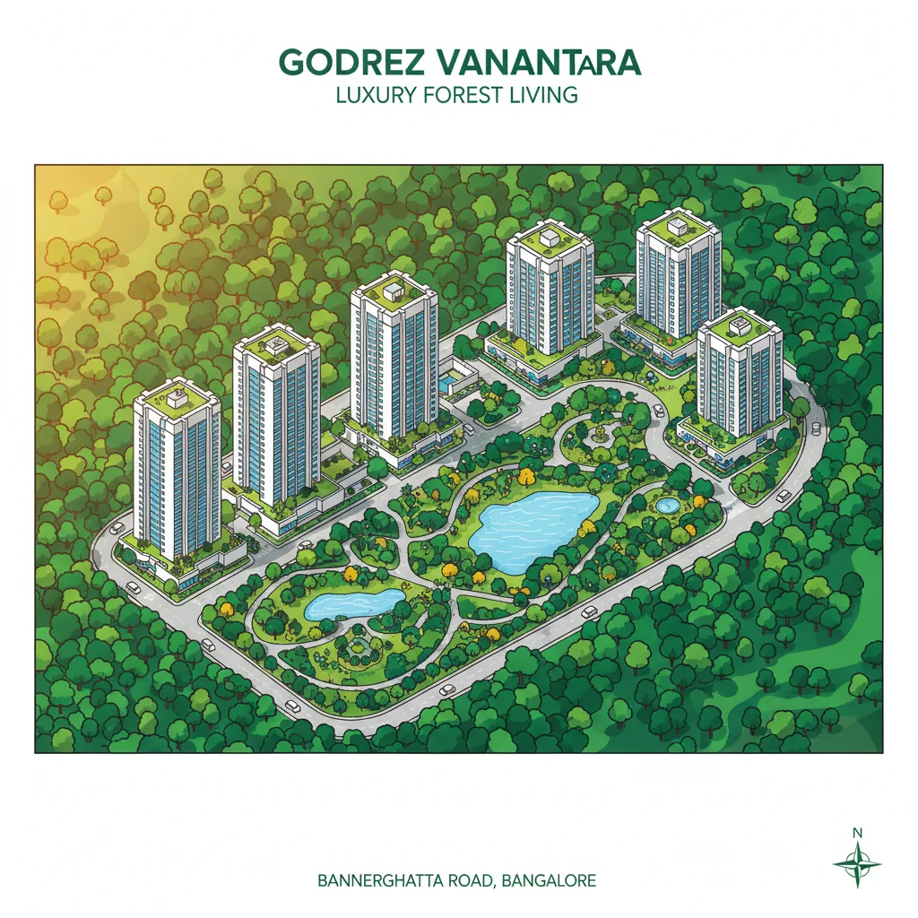 Aerial view of Godrej Vanantara, the biggest township on Bannerghatta Road - luxury residential towers surrounded by 40,000 trees