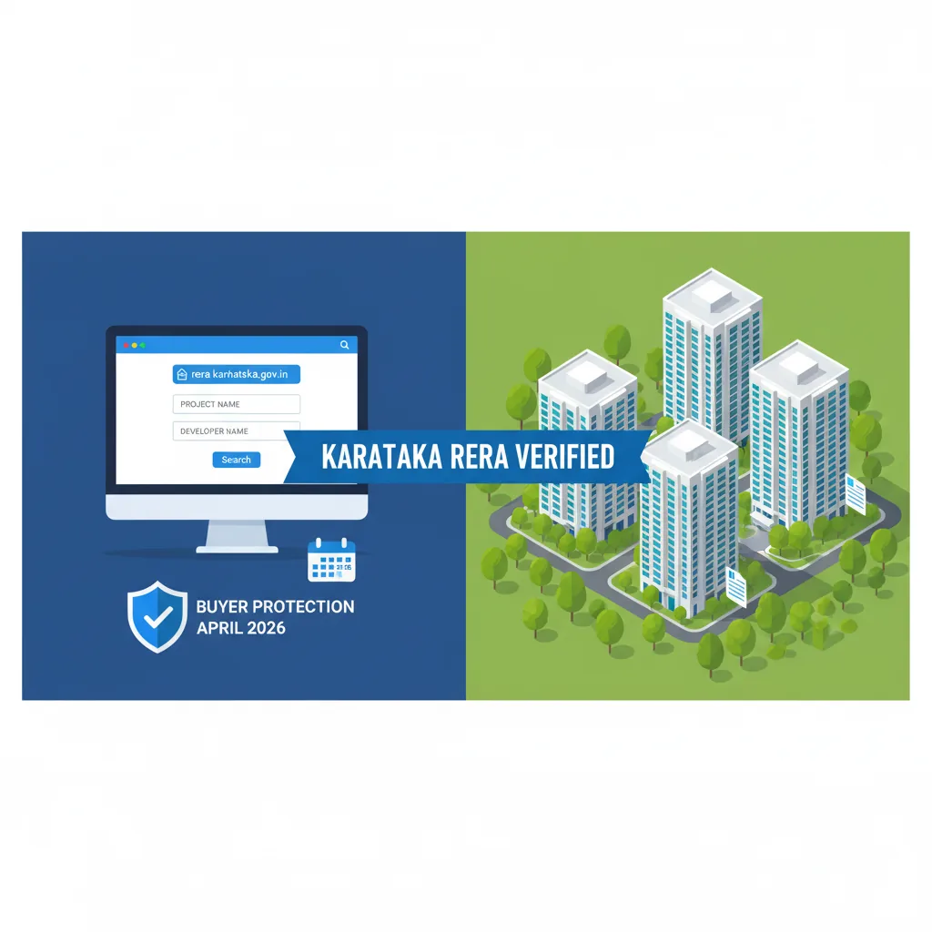 Checking RERA Status for New Launches - Karnataka RERA Portal verification process infographic showing portal interface and forest-themed township