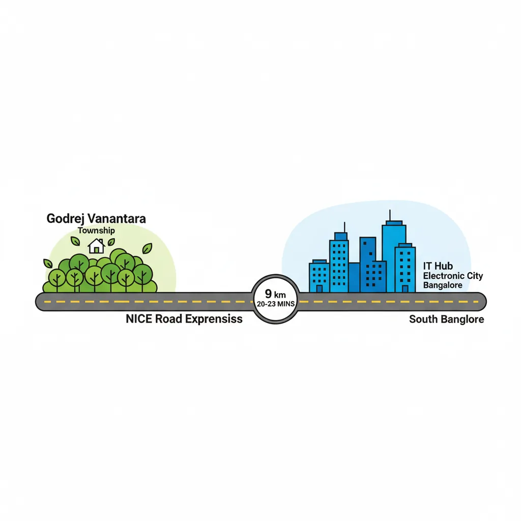 Commute distance from Godrej Vanantara to Electronic City - infographic showing 9 km route via NICE Road