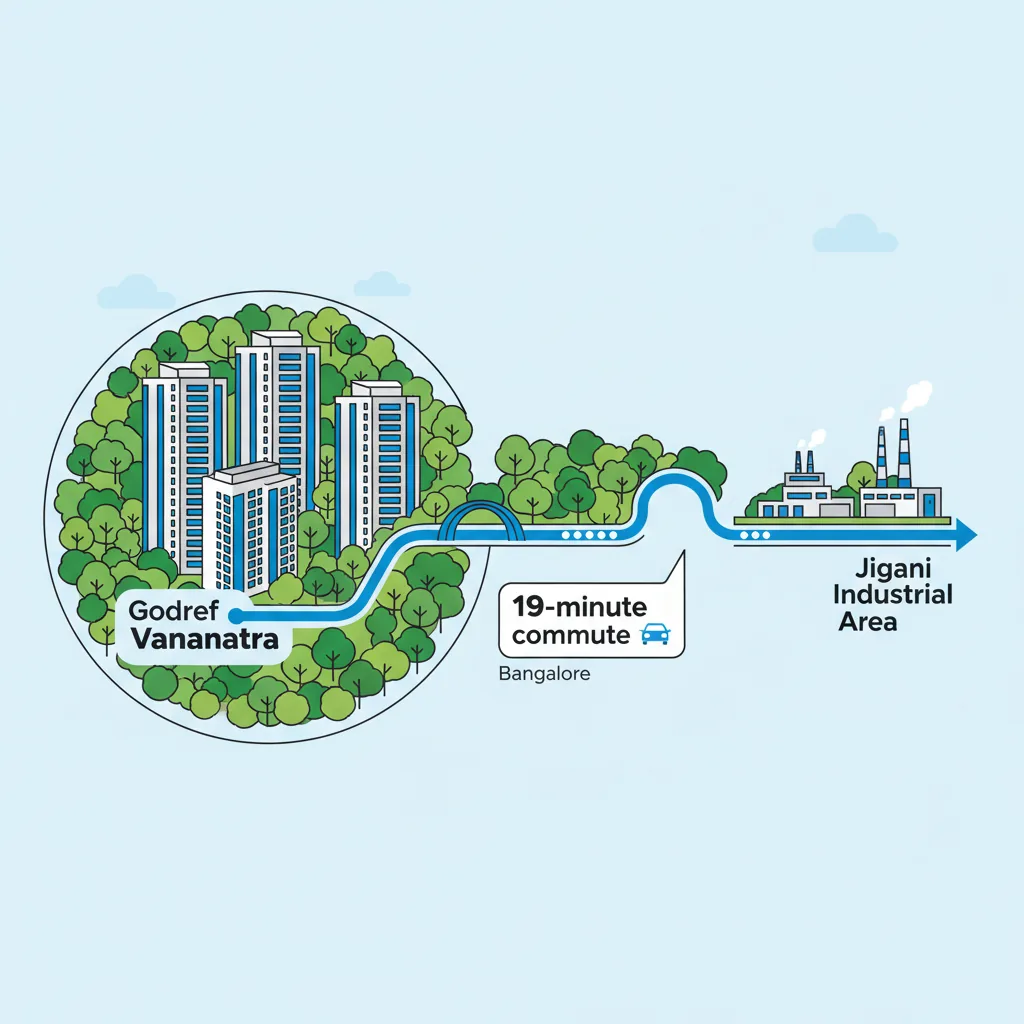Commute from Godrej Vanantara to Jigani Industrial Area - 19 minute route map infographic showing forest-themed residential township