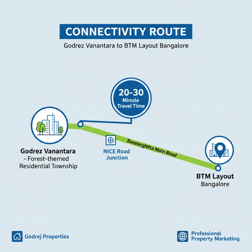 Connectivity route from Godrej Vanantara to BTM Layout Bangalore - Real estate infographic showing Bannerghatta Main Road, 20-30 minute travel time, NICE Road junction, and forest-themed residential township