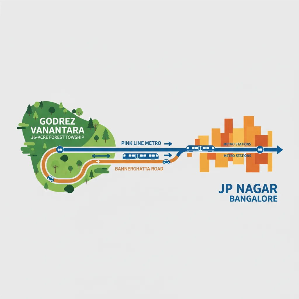Connectivity to JP Nagar from Godrej Vanantara - Infographic showing road and metro routes