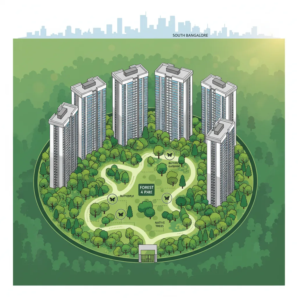 Gated Community with 4-acre Forest - Aerial view of Godrej Vanantara luxury residential towers surrounded by lush greenery and walking trails