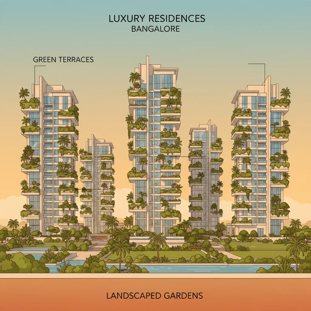 Modern luxury Godrej residential apartment complex in Bangalore featuring high-rise towers with green terraces and landscaped gardens